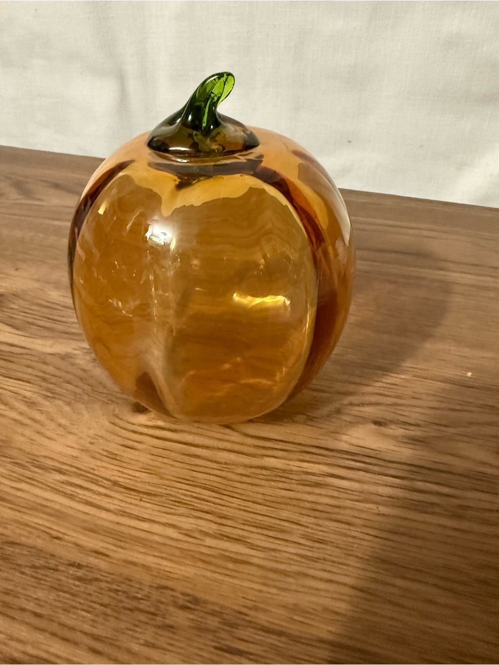 Handblown Glass Pumpkin Accent - Amber with Green Stem